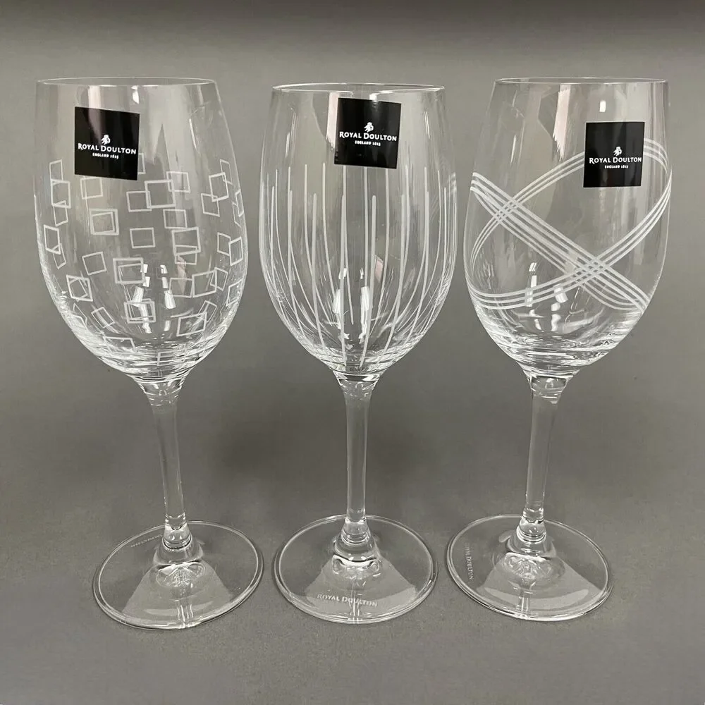 Royal Doulton Cystal Party Wine Glass Glasses Squares Etched Lines Clear - 3